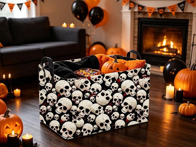 Sanjiaofeng Rectangular Gothic Skull Halloween Storage Basket,Empty Halloween Basket.Cute Baskets for Room Decor, Pumpkin Baskets with Handles.Books Bins,Gifts Box(Skull)