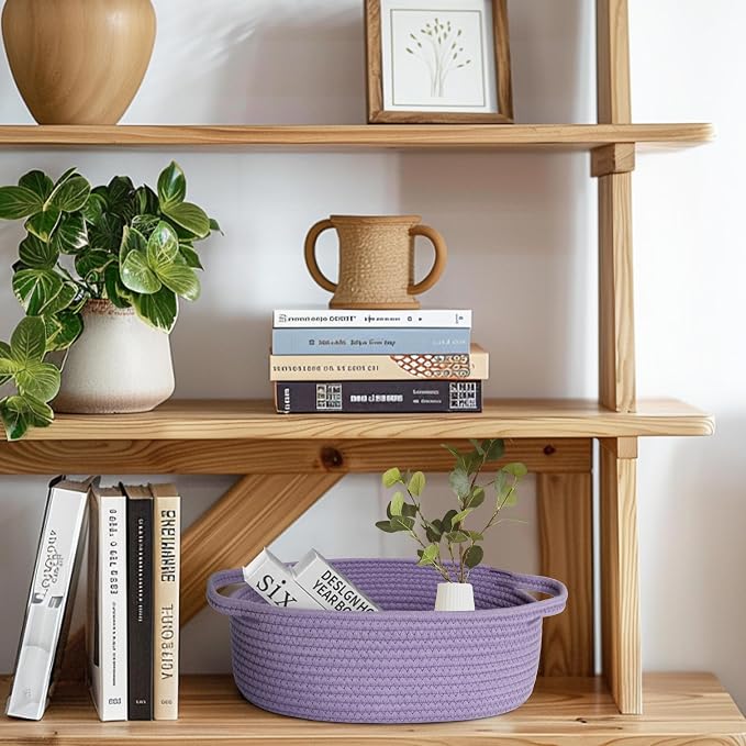 Basket for Gifts Empty, 13"x 9"x 5" Small Purple Woven Rope Bin, Gift Basket Empty, Kids Dog Cat Toy Bin Box, Cute Baby Nursery Organizer, Decorative Storage with Handles, Purple Room Decor