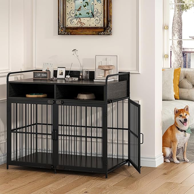 Large Furniture Dog Crate, Dog Kennel Indoor, Wood Dog Cage Table with Drawers Storage, Heavy Duty Dog Crate, Jaula para Perros, Sturdy Metal, 40.5" L×23.6" W×35.4" H, Black