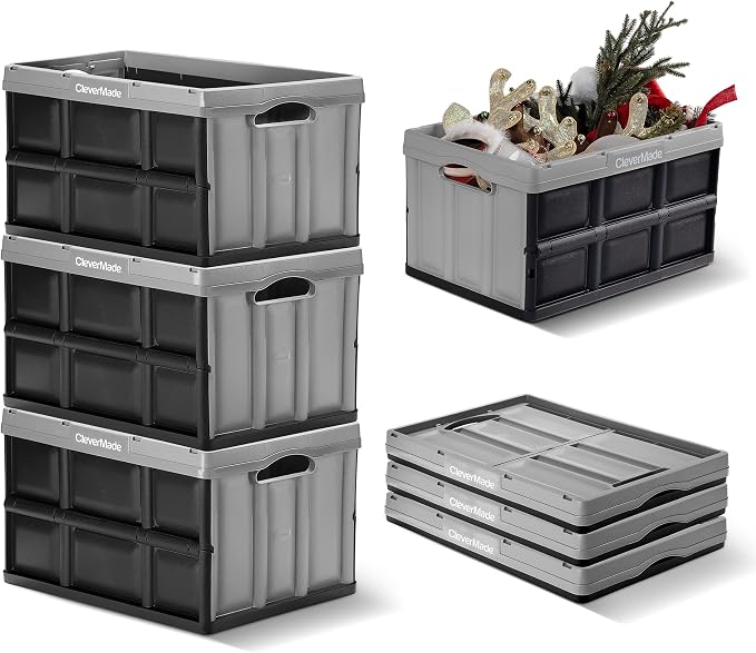 CleverMade Collapsible Storage Bin (100% Recycled) - 46L - Stone (3PK) | Carry Groceries, Tools, and Gear Without Bulky Totes | Each Bin Holds 75 lb, Stacks Securely, and Folds to 2.75 Inches
