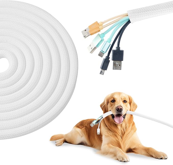 Split Wire Loom 1/4 Inch 25ft, Braided Cable Sleeve for Cable Management, Cord Protector for Pets, TV, Desk & Automotive, White