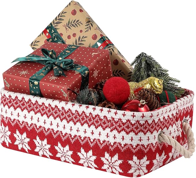 Red Christmas Gift Basket, Collapsible Empty Holiday Storage Bin with Handles, Fabric Storage Organizer for Kids, Baby Items, Presents and Festive Home Decorations