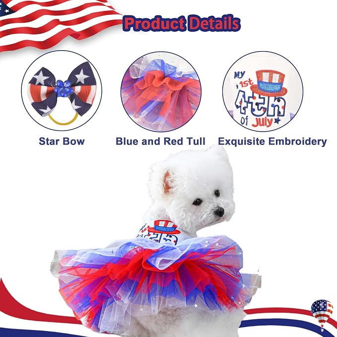 FLAdorepet4th of July Dog Dress with Hair Bow,Independence Day Dog Dresses Tulle Skirts for Small Dogs,Puppy Patriotic Clothes Pet Outfits Cats Apparel (4th of July, X-Large)