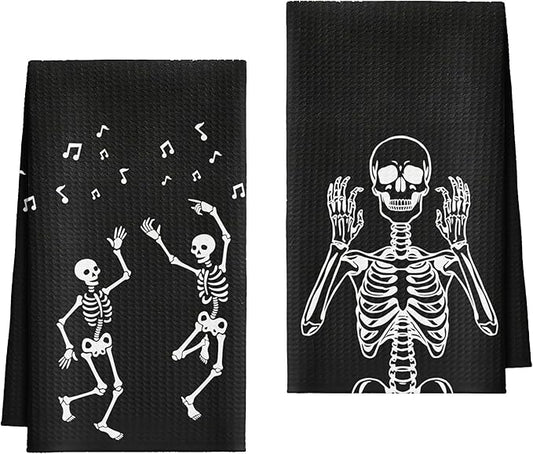 Kitchen Towels Set of 2, Rock and Roll Skeleton Dish Towel for Bathroom Kitchen, Skull Decorative Hand Towels, Gothic Fast Drying Tea Towel, Housewarming for Women Mom -02