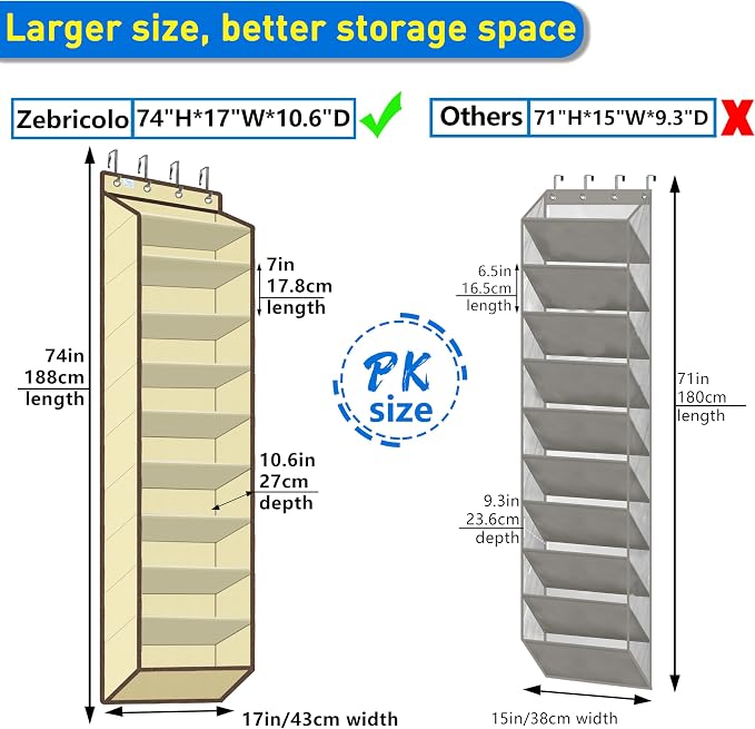 10 Tiers Shoe Organizer for Closet, 20 to 30 Pairs Shoe Rack Door | Extra Deep Pockets Over the Door Shoe Organizer for Dorm and Back Door, Heavy Duty Anti-Scrath Hanging Hooks Shoe Storage