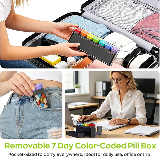 HIONXMGA Weekly Pill Organizer, Detachable 7-Color Pill Box, Easy to Use | Portable Travel Pill Case Container for Daily Medication Easy Track, Privacy Protection, Built-in Quick Fill Design, Black