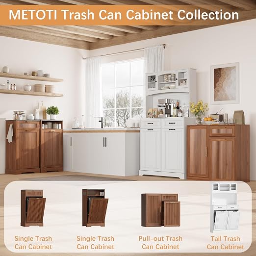 13 Gallons Pull Out Trash Can Cabinet with Storage, Fluted Pet Proof Trash | Kitchen Trash Cabinet with Adjustable Shelf & Drawer, Hidden Garbage Can Cabinet for for Laundry, Living Room