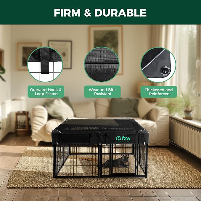FXW Homeplus Indoor Dog Playpen with Mesh Top Cover, 24" H, 8 Panels | Calm Indoor Play Area, Cover Helps Deter Jump-Outs, for Puppies & Small Dogs, Patented