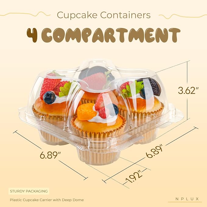 NPLUX 60 Pack 4 - Count Cupcake Containers for Bulk Dessert Prep | Compartment Holder, Connected Airtight Lid, Boxes, Cupcakes, Muffins, BPA Free, Standard Size, Bulk Prep