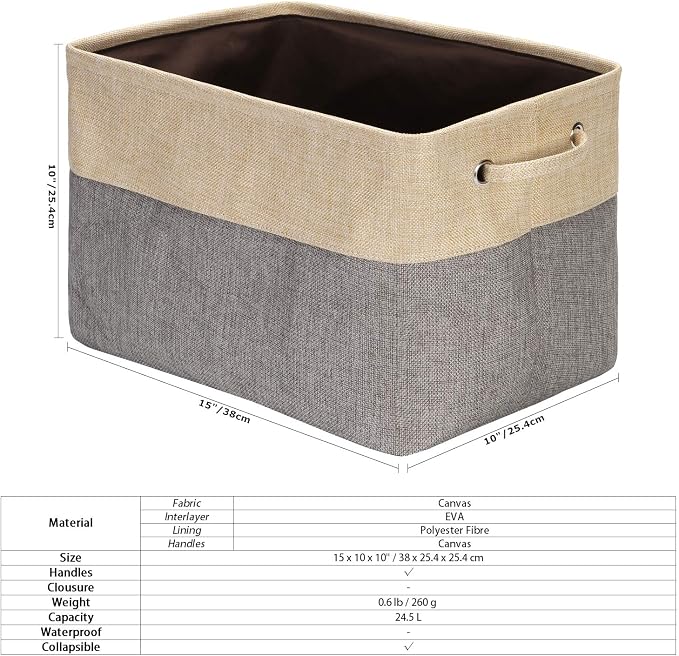 Sea Team Large Rectangle Canvas Open-Top Storage Baskets, 3-Pack | Collapsible Fabric Storage Bins with Handles, Closet Shelf Organizers, 15 x 10 x 10 Inches, Gray & Beige