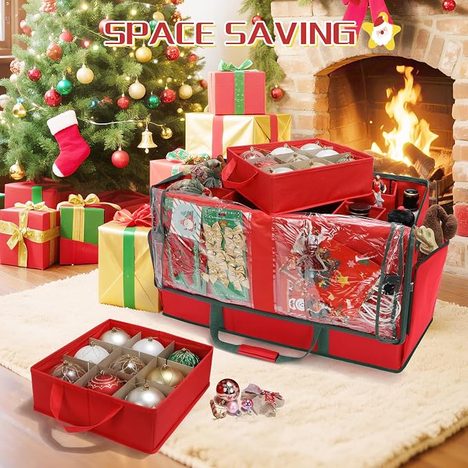 2-in-1 Christmas Ornament Storage Box Keeps 64-3"/36-4" Holiday Ornaments | Xmas Figurine Organizer Container,4 Separate Trays , Adjustable Extent Area for Figurines and Pockets for Holiday Décor