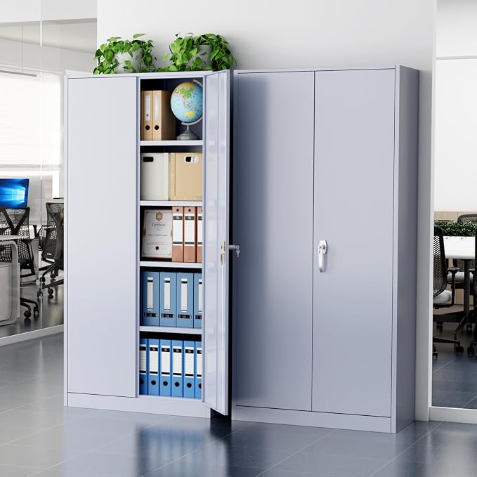 Greenvelly Metal Storage Cabinet with Doors and Shelves, 72" Inch Locking Metal Cabinet,Garage Storage Cabinet for Garage Office School Warehouse (Dark Gray)