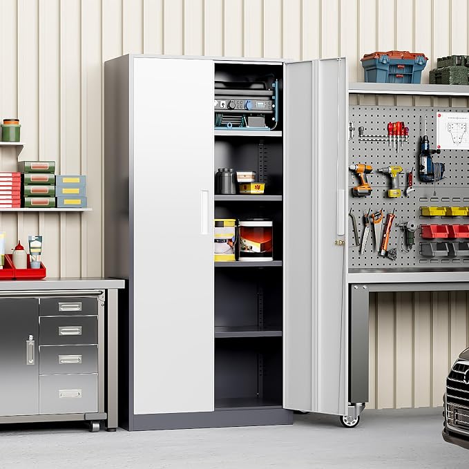 Greenvelly Metal Garage Storage Cabinet, 72" Steel Locking Storage Cabinet with 2 Doors and 4 Adjustable Shelves, Metal Tool Cabinets, Lockable File Cabinets for Home Office, Garage (Gray White)