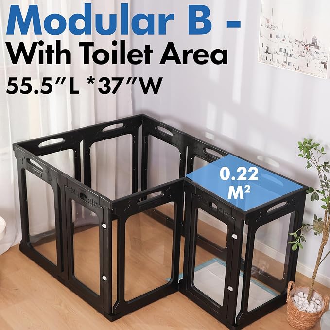 Clear Acrylic Indoor Dog Playpen, 24" H, 10 Panels, Black | Open View, Modern Home, No Climbing Bars, Tool-Free Setup, For Puppies & Small Dogs