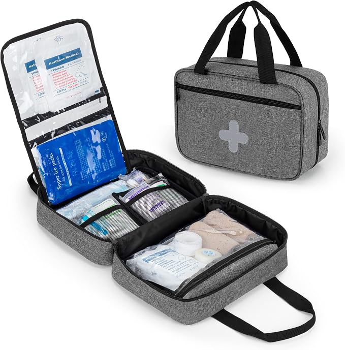 Empty First Aid Kits Case, Portable Emergency Kit Organizer, Gray | Medical Bag for Emergency Supplies and Pill Bottles, Large Capacity, for Hiking, Camping, Car, Travel, Home and Outdoor