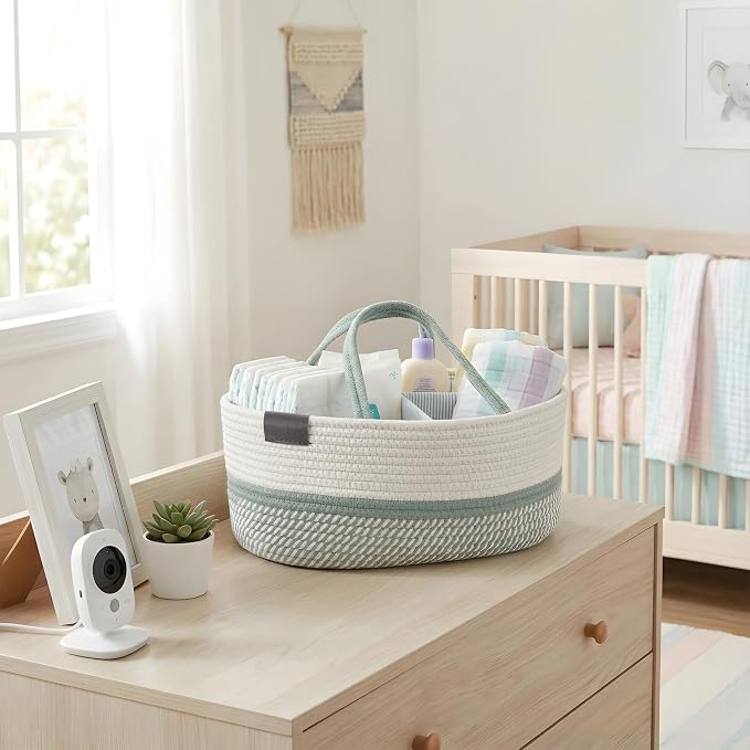 DECOMOMO XL Baby Caddy Organizer, Extra Large Diaper Caddy Basket | Baby Baskets for Baby Shower Gifts (Sage Green & White)
