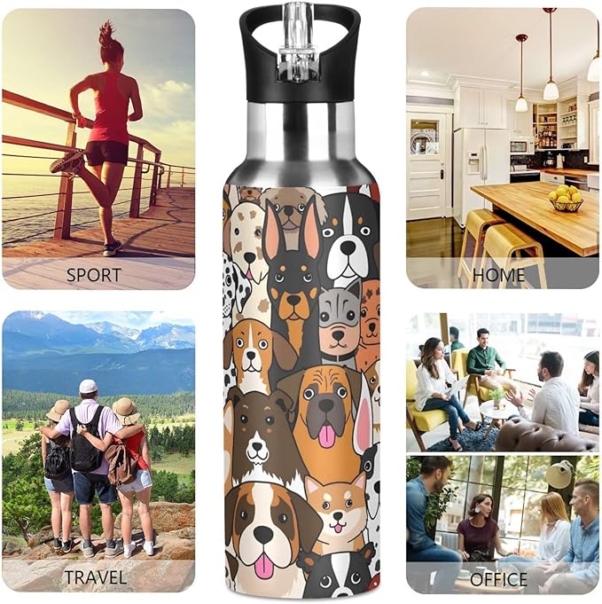 Cute Dog Animal Water Bottle with Straw Lid Kids Insulated Stainless Steel Water Flask Sports, 20 Oz Hot Cold