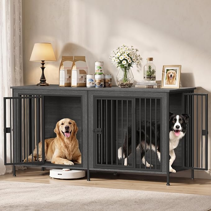 EasyCom 78" Wooden Double Dog Crate with Divider & Raised Legs, Gray | Raised Legs, For 1–2 Small to Large Dogs, Multiuse TV, Plant & Display Stand