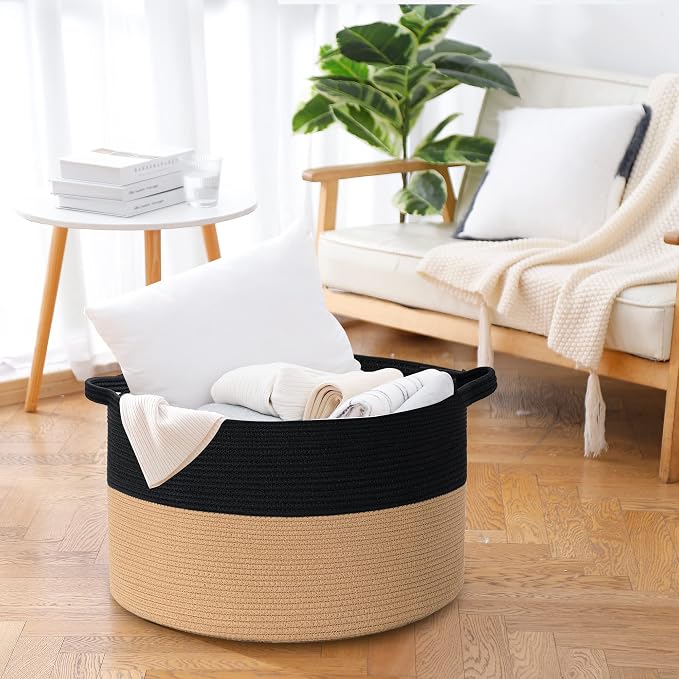 MEGASKET Extra Large Storage Basket, 22" X 14" Blanket Storage for Living Room, Decorative Kids Dog Toy Bin Box, Big Woven Cotton Rope Baskets for Organizing, Farmhouse Blanket Pillow Holder Organizer