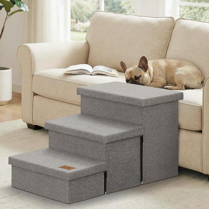 Zerbuger Dog Stairs with Storage, Grey 3 Steps Dog Ramp no Condo for Bed | 18" H Wider Dog Steps for High Beds Couch, Folding Storage Pet Stairs Gift for Climbing Small/Medium/Large Old Dogs Cats