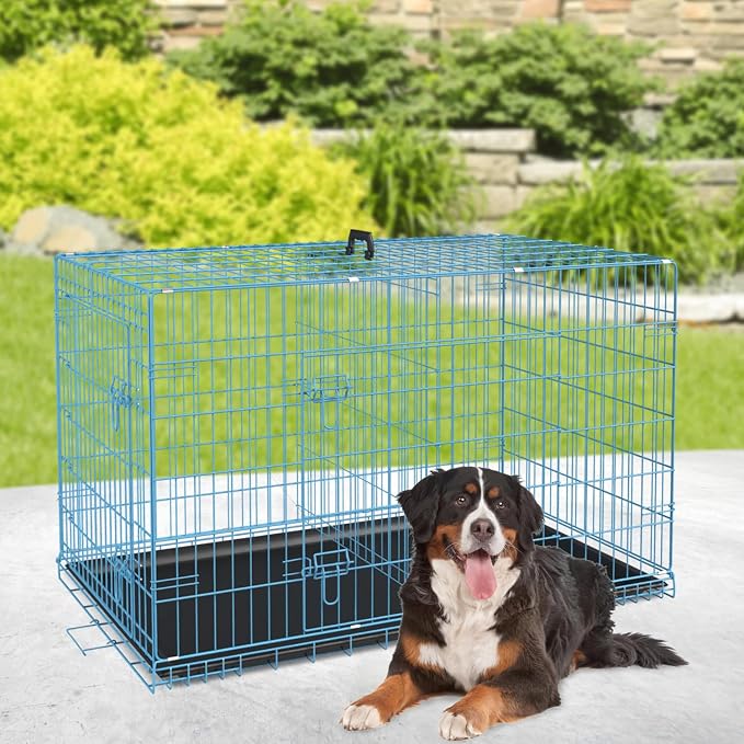 BestPet | Dog Crate | 48" | Blue | Foldable Metal Kennel with Double Doors | Secure Slide-Bolt Latches, Leakproof Tray | Portable Dog Cage for Large Breeds | for Travel, Indoor & Outdoor Use
