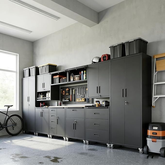 10-Piece Heavy Duty Steel Garage Cabinet System | All-in-One Modular Garage Cabinet Set for Ultimate Workshop Organization | Easy Assembly Garage Storage Cabinets & Tool Bench (Black)