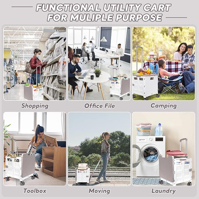 FELICON SELORSS Folding Utility Cart Portable Rolling Crate Handcart-White | Adjustable Handle+Extended Magnetic Lid,Storage Basket Box,4 Swivel Wheels Tote for Teacher Move Shop Travel Grocery Office
