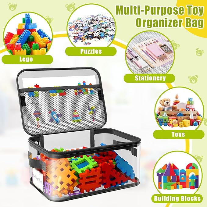 8 Packs Large Clear Toy Storage Bags with Labels, Handles, Zippers L | Large Capacity, Transparent PVC, Waterproof Dustproof, Space-saving, Portability for Building Blocks, Puzzle, Dolls, Travel