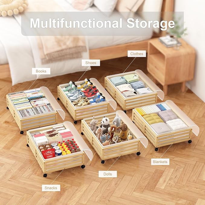 Under Bed Storage with Wheels, 2 Pack Bamboo Drawers for Shoes and Clothes | Fitted dustproof bags, stackable design, smooth pullout access for bedding, blankets, toys and seasonal essentials