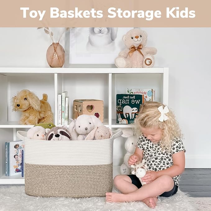 Goodpick 50L Large Woven Storage Basket, 18" x 14" x 12", Light Brown | Decorative Gift Basket for Nursery & Bedroom Organization, Cotton Rope Baskets for Blankets & Toys Storage, Built-In Handles