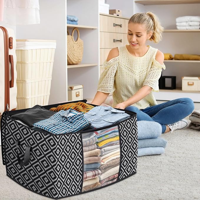 100L 3 Pack Storage Bags, Foldable Clothes Bins with Clear Window, Black | Blanket Storage Containers with Reinforced Handles for Bedding, Comforters, Clothing, Quilts and Closet Organization