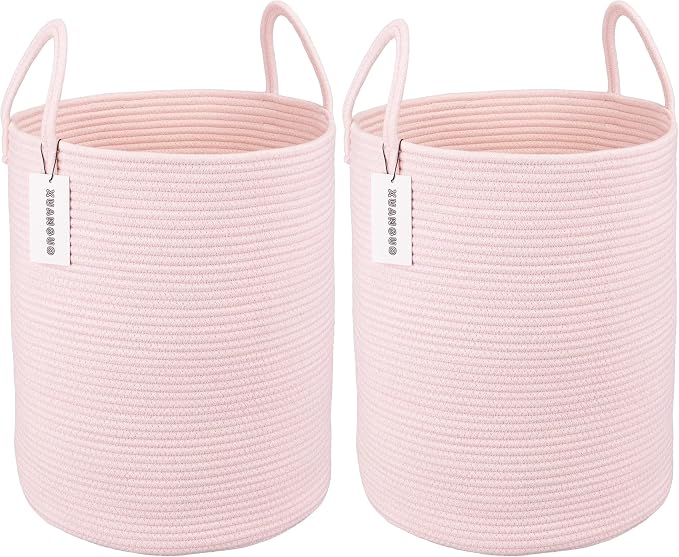 XUANGUO Cotton Rope Laundry Basket Hamper for Girls Kids Baby Nursery Hamper Bin Woven Storage Basket for Living Room Girls room Boho Tall Rope Baskets for Blanket Toys Large light pink (Pack of 2)