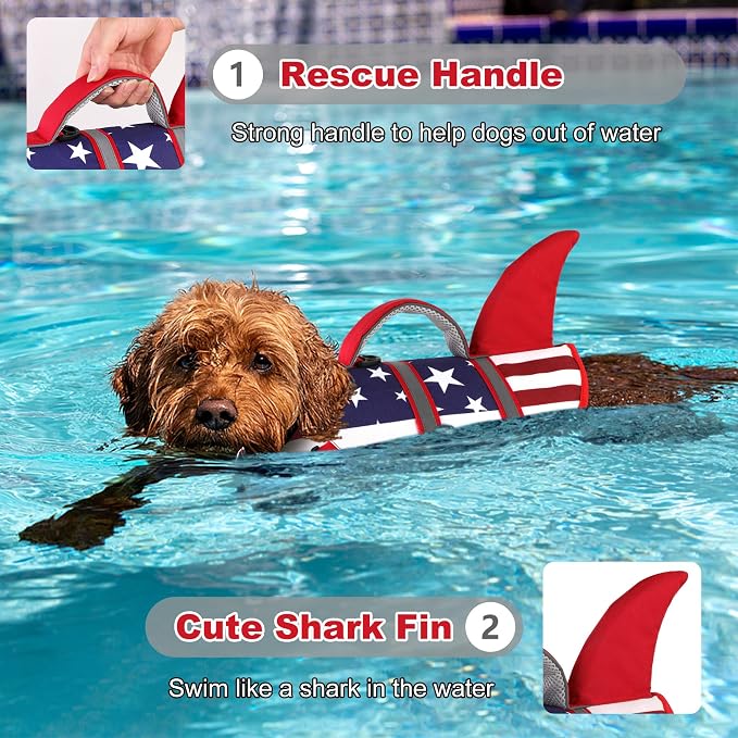Dogcheer Dog Shark Life Jacket, Dog Harness Life Vest - US Flag,S | High Buoyancy American Flag Puppy Swim Vest for Swimming Boating, Reflective Dog Float Vest DFD for Small Medium Large Dogs