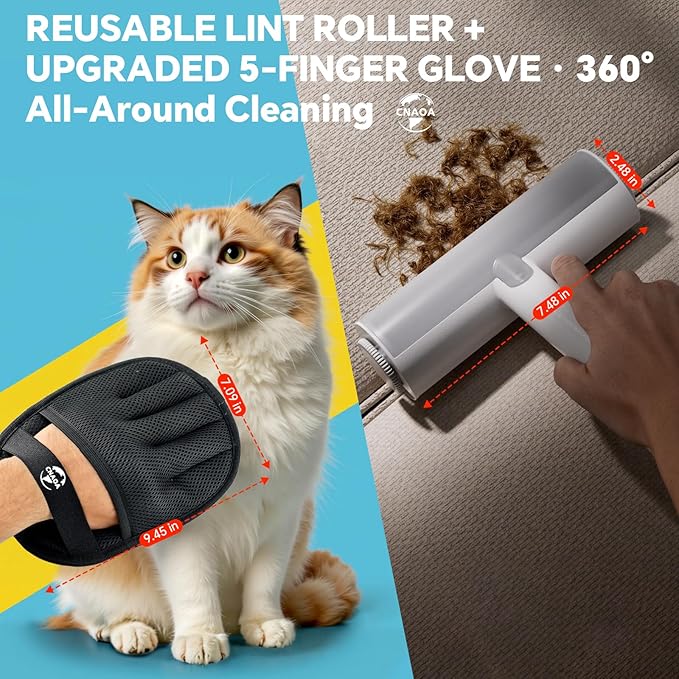 Pet Hair Removal Set, Roller Pet Hair Remover, Pet Hair Removal Glove for Dogs & Cats, Pet Fur Remover for Clothing, Couch, Carpet, Car Seat, Pet Hair Removal Tool -F White