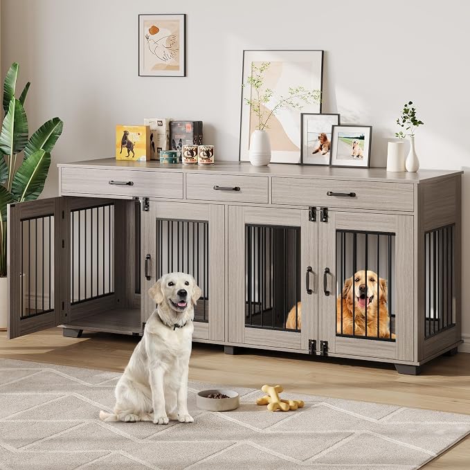 IDEALHOUSE Large Double Dog Crate Furniture with Storage Drawers, Grey | Wooden Dog Kennel with Divider, 3 Drawers, TV Stand, Heavy Duty Dog Bed & Sofa for Medium and Large Dog, 71 Inch Dog Cage