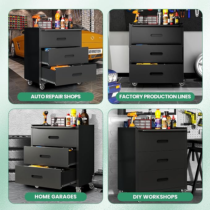 Garage Cabinets,Metal Garage Storage Cabinet with Wheels,Black Lockable Rolling Tool Cabinet with Drawer and Adjustable Shelves,Heavy Duty Tool Chest for Home Office Utility Room