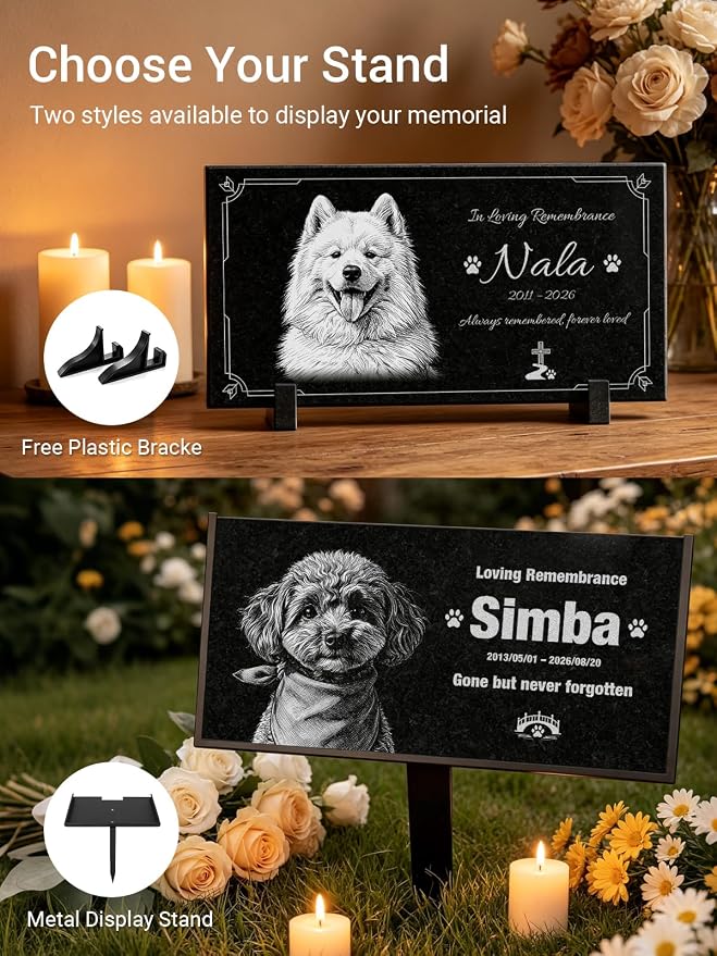 Personalized Pet Memorial Stone, Custom Engraved Black Granite Pet Headstone with Photo and Text, Customized Gifts for Dog Cat Pet Loss Remembrance