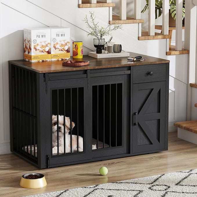 Verano Garden 44" Dog Crate Furniture, Dog Kennel (44" Right Facing Door) | 2-in-1, Lockable, Sliding Door, Removable Divider, Adjustable Shelf, Farmhouse, Heavy Duty, Small Medium Dogs, Black