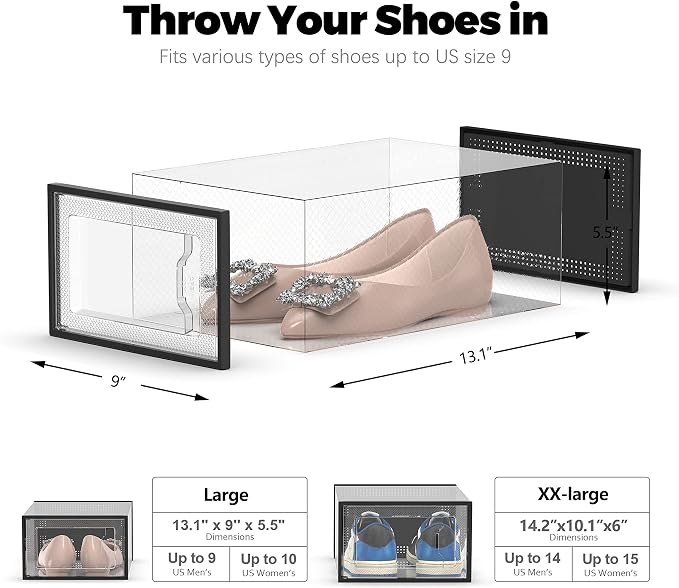 12 Pack Shoe Storage Box, Clear Plastic Stackable Shoe Organizer for Closet, Space Saving Shoe Rack for Entryway Sneaker Container Bin Holder (Black)