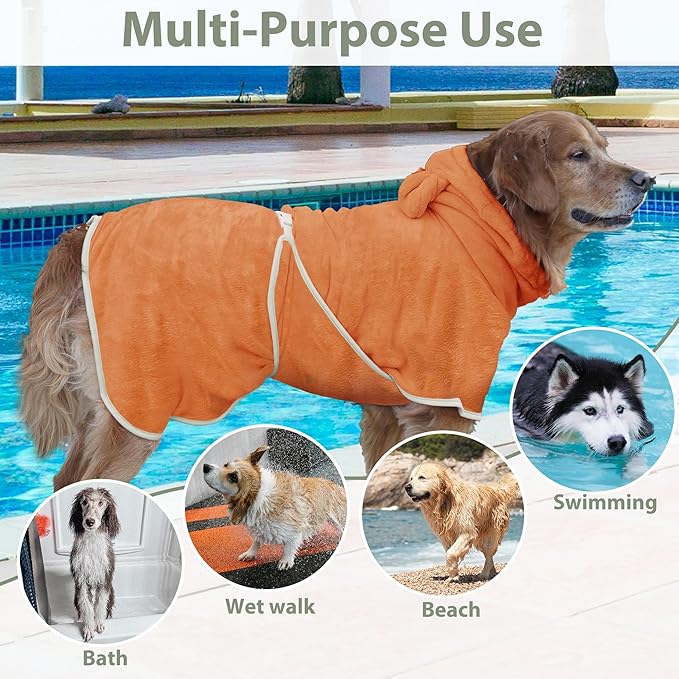Dog Bathrobe Super Absorbent Towel Robe - Microfiber Bath Towels Fast Drying Coat for Dogs, Cute Dogs Clothes Adjustable Collar & Belly Strap Warm Keeping Hooded Dog Towel (Orange, Medium)