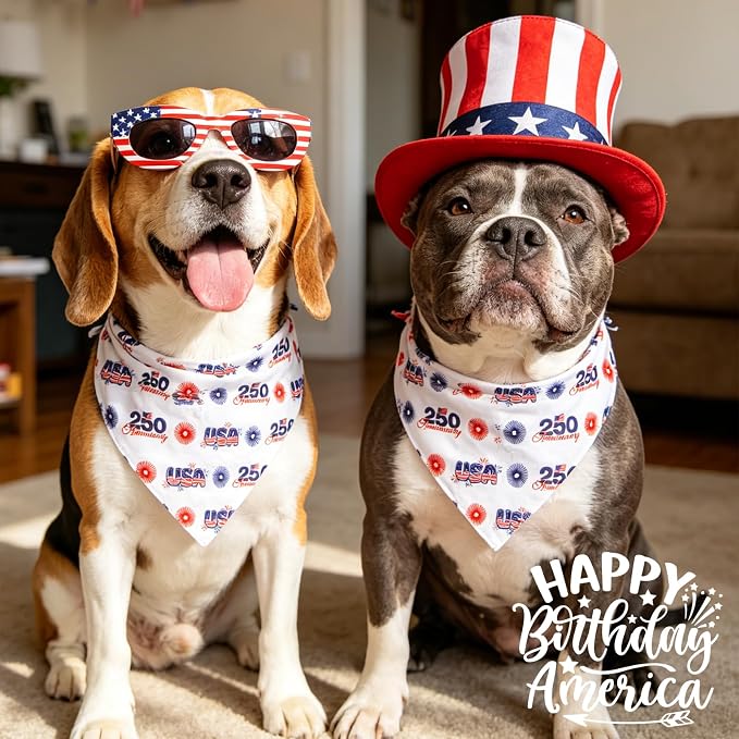 250th Anniversary Dog Bandana, American Flag Triangle Scarf, Adjustable Snap Button Patriotic Neckwear for Small & Medium Breeds (5-30lbs)