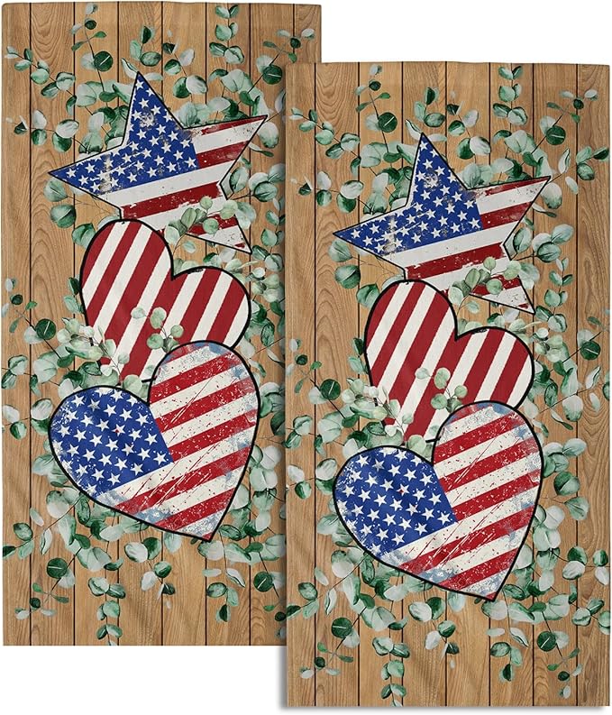 Giwawa American Flag Wood Hand Towels Set of 2 Eucalyptus Leaves Fingertip Towels Stars Heart Kitchen Dishcloth Face Towel Home Bathroom Decor