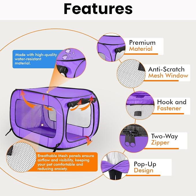 Portable Collapsible Pop Up Kennel, 40" L x 27" W x 27" H, Purple | Collapsible indoor/outdoor travel cat and dog crate with mesh screen windows pops up and folds flat for easy storage