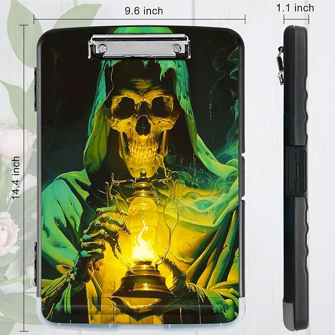 Green Skull Flame A4 Clipboard with Storage Pen Holder, Clipboards Organizer Nursing Clipboard Foldable File Folder Plastic Clipboard Folio Clip Board for Office Students Classroom Doctor