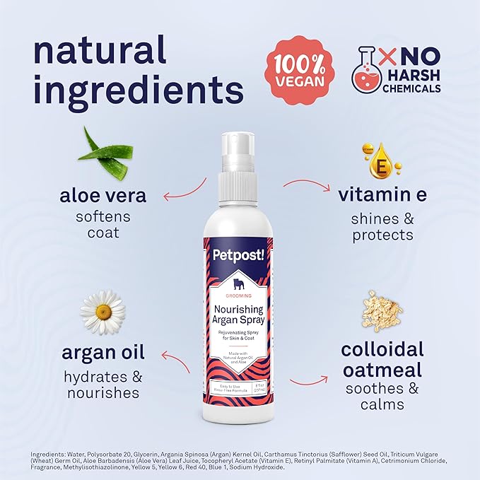 Petpost | Waterless Argan Oil Dog Shampoo Spray. Rinse-Free Cleaner & Deodorizer with Aloe & Safflower Oil. Moisturizes Skin & Softens Coat. 8 oz