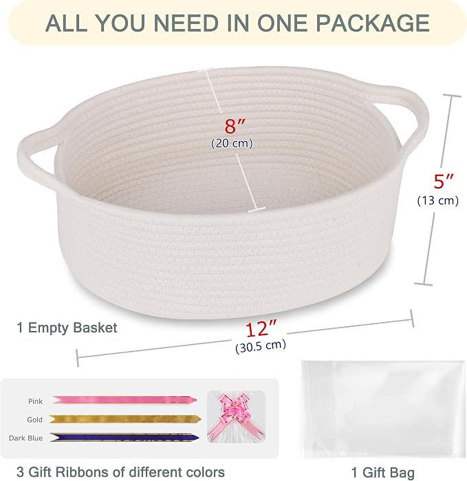 COMSE Empty Small Gift Basket with Bag & Ribbons, White | Cotton Rope, 12"x 8"x 5", Baby Toy Organizer, Stores Small Items for Bedrooms, Nurseries, Bathrooms, Living Rooms, Offices