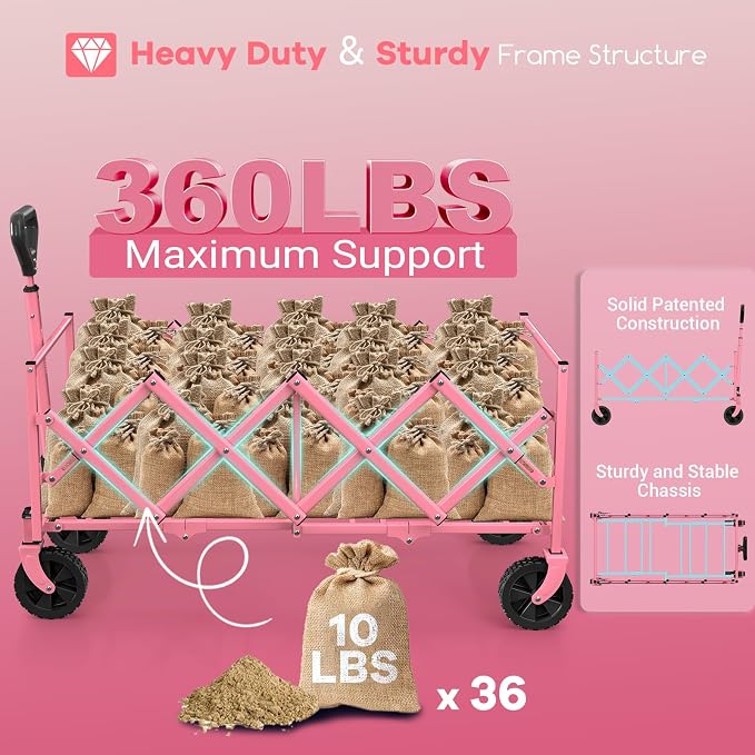 34'' Extra Long Folding Portable Wagon Cart, 120L 360LBS Pink | Wagons Carts Foldable, Heavy Duty, Collapsible Compact Storage, Utility for Shopping/Grocery/Garden/Camping/Sports