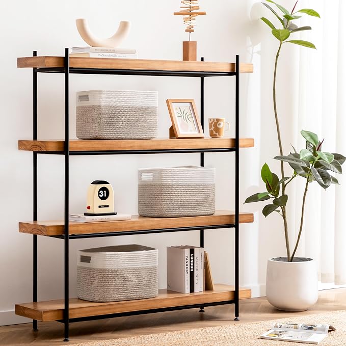4 Pack Storage Baskets for Organizing, Shelf Baskets with Handles, White&Light Brown