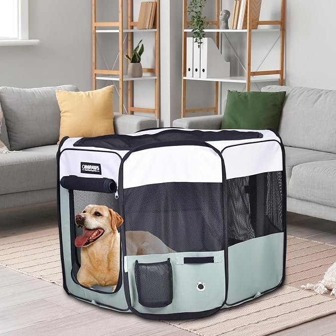JESPET 61" Pet Dog Playpens, Portable Soft Dog Exercise Pen Kennel with Carry Bag for Puppy Cats Kittens Rabbits,Shale Green | 2-Door, Easy to Fold, Ground Stakes, Zipper Locks, Large Storage Pocket, Washable Top Mesh Cover & Bottom Cover