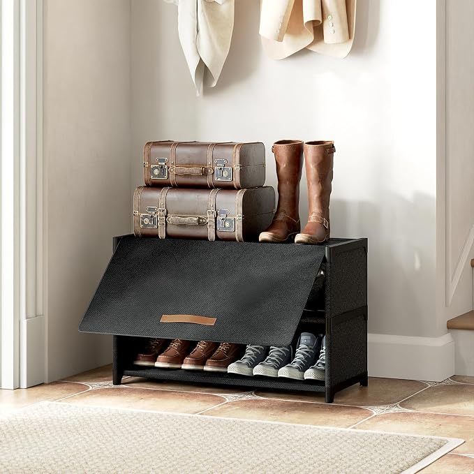 3 Tier Shoe Cabinet with Door, 12-Pair Storage, Black | Compact for Small Closets, Holds Heels, Sneakers, Boots, Door for Dust Pet Protection, Quick Easy Set Up